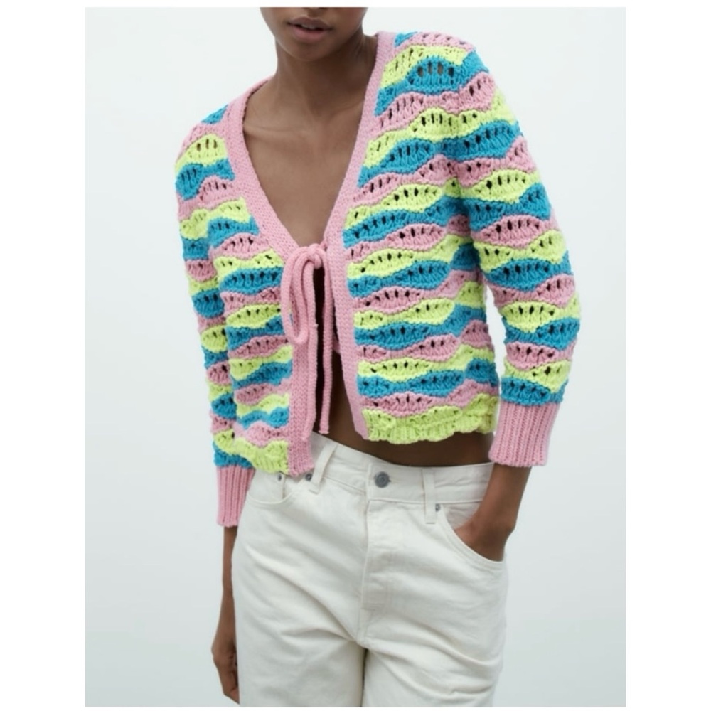 Zara | chunky crochet striped front tie cardigan